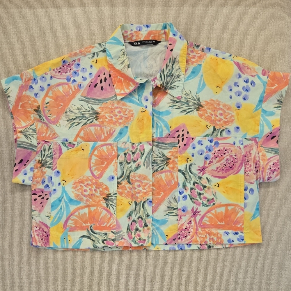 Zara Crop Button Up Shirt Vibrant Print